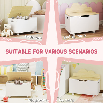 Toy Box for Kids, Toy Chest with Wheels and Safety Hinges, White