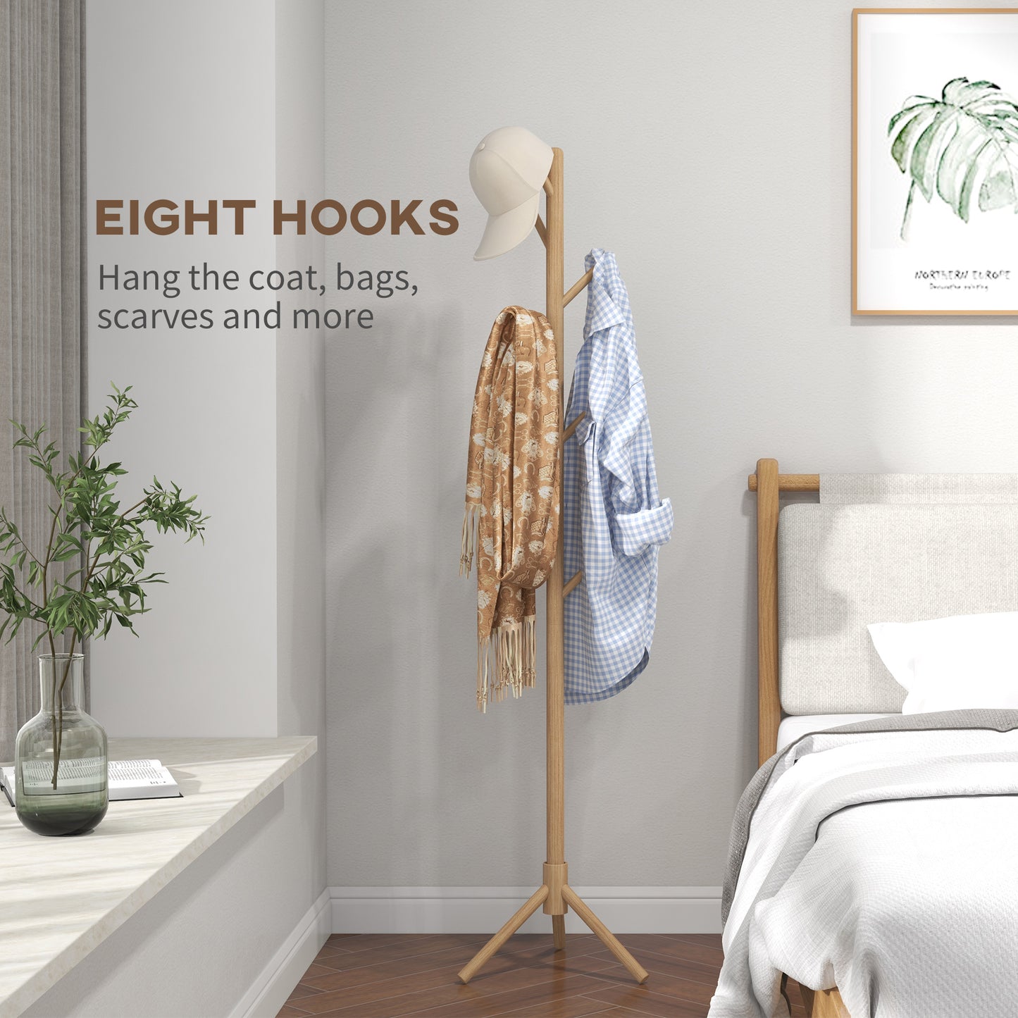 Coat Rack Bamboo Coat Stand with 8 Hooks for Handbags, Natural