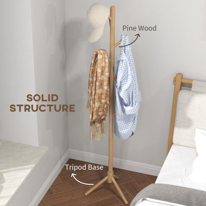Coat Rack Bamboo Coat Stand with 8 Hooks for Handbags, Natural