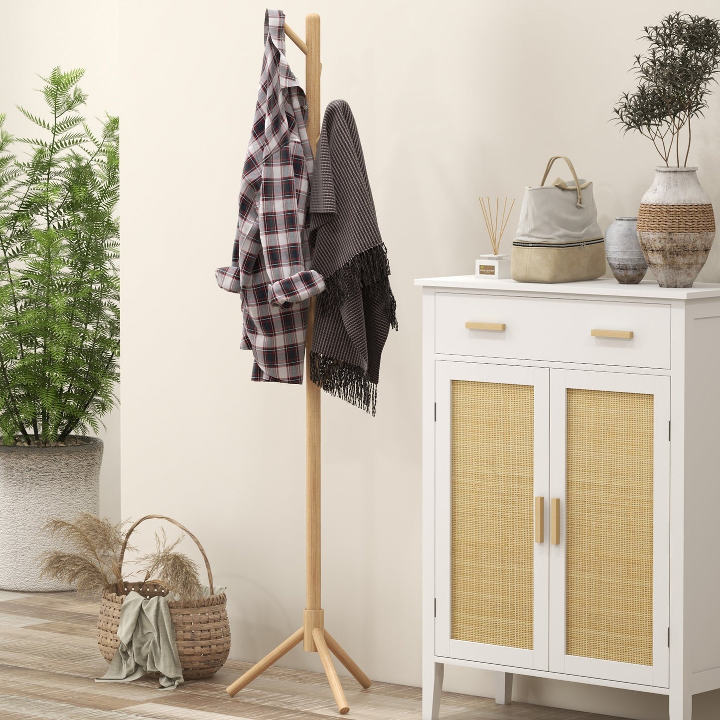 Coat Rack Bamboo Coat Stand with 8 Hooks for Handbags, Natural