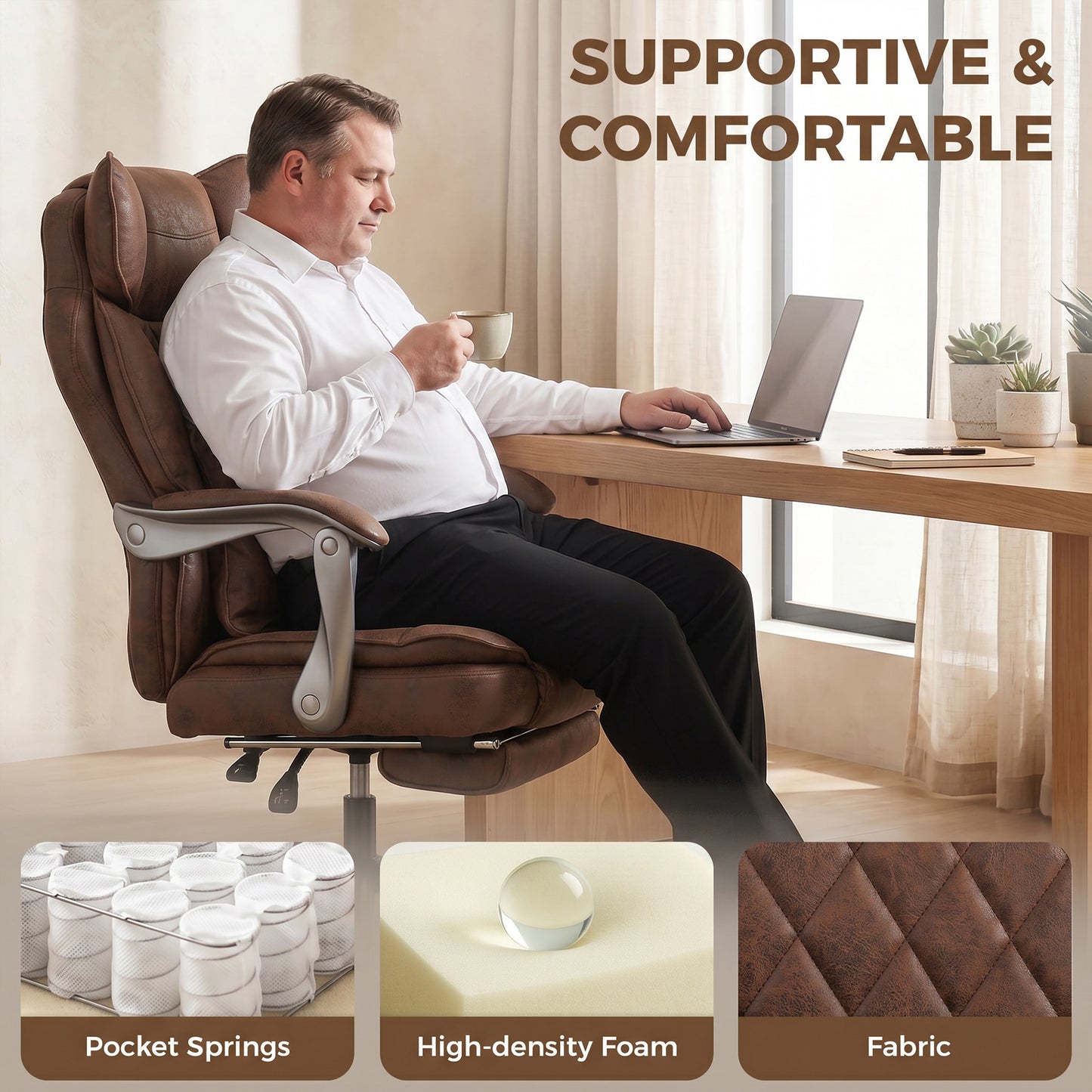 Big and Tall Office Chair with Lumbar Support, Dark Brown