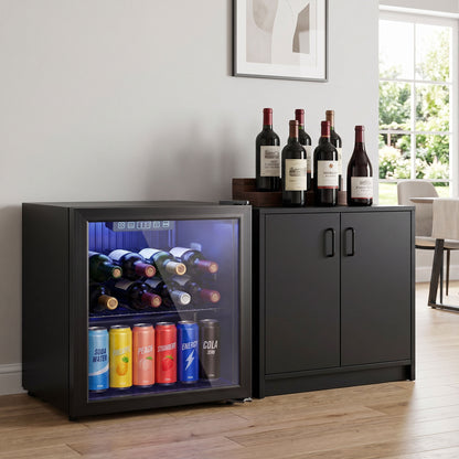 50L Drinks Fridge, 48 Can Under Counter Freestanding Beer Fridge with Double-Layer Glass Door, Wine Cooler with LED Light, Adjustable Shelf, Beverage Cooler for Soda Beer, Home Office