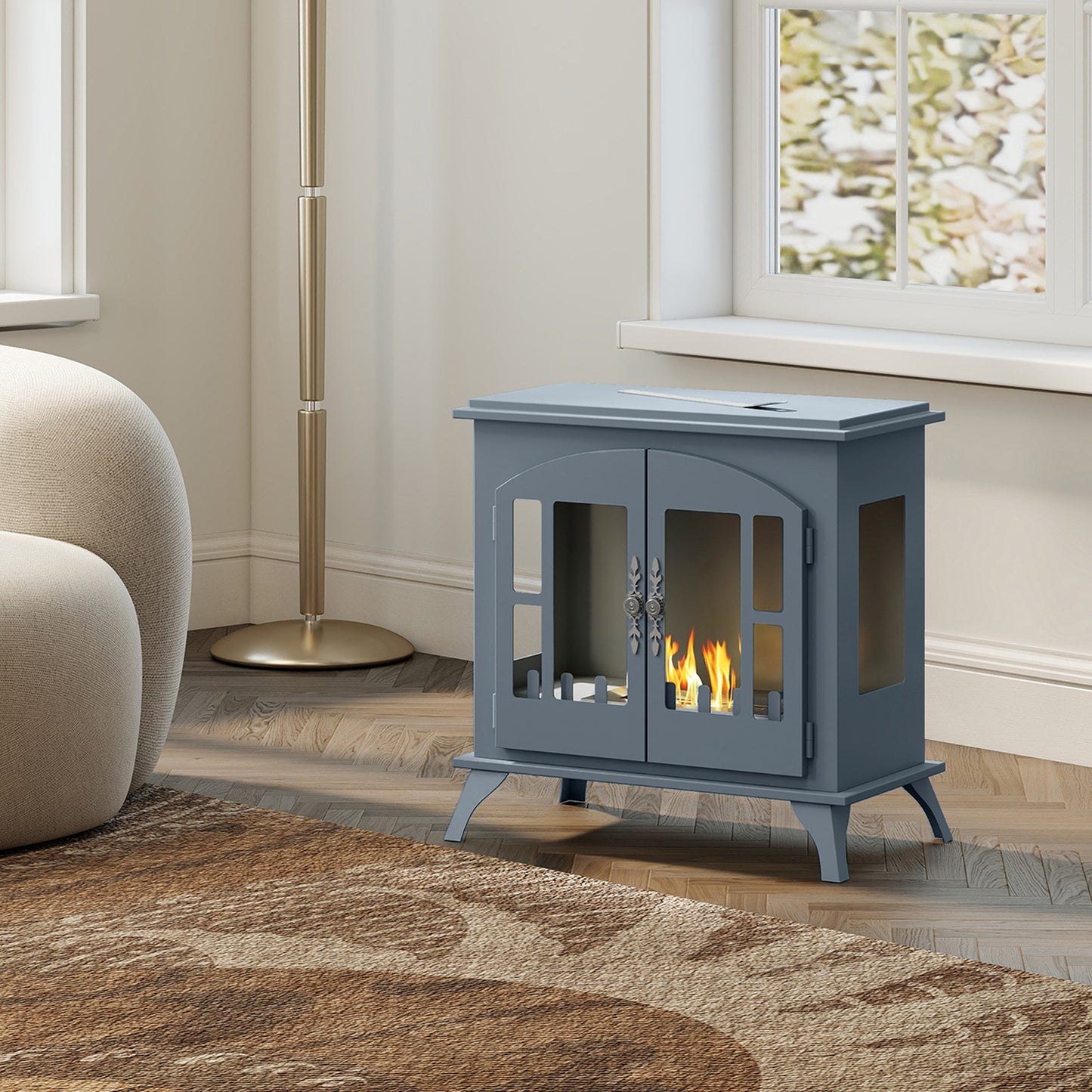 Ethanol Fireplace Stove Freestanding Bioethanol Fire, 0.9L Tank Grey