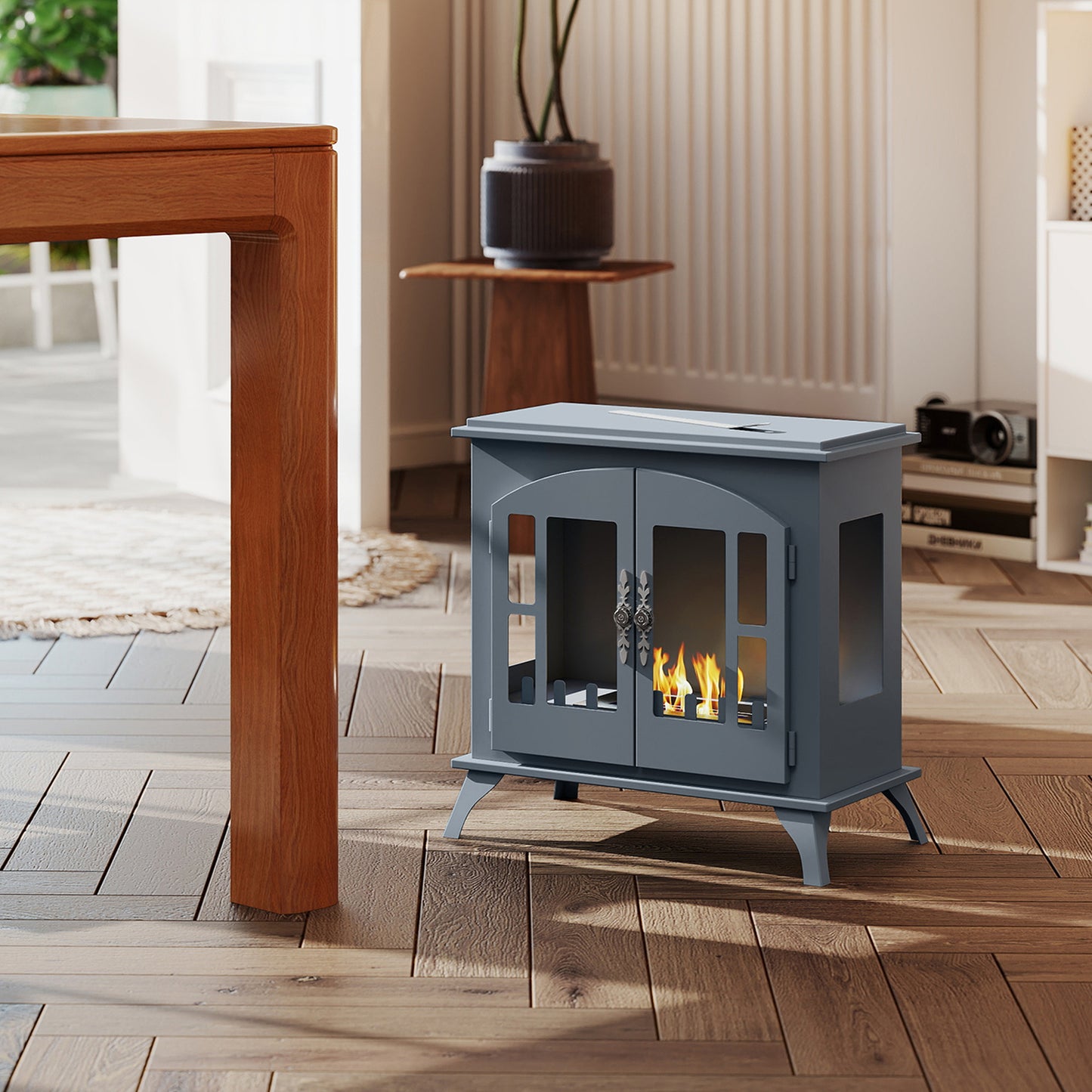 Ethanol Fireplace Stove Freestanding Bioethanol Fire, 0.9L Tank Grey