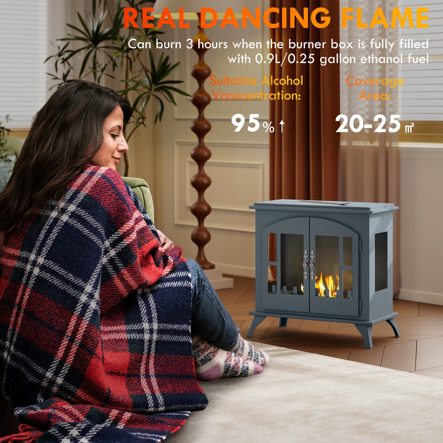 Ethanol Fireplace Stove Freestanding Bioethanol Fire, 0.9L Tank Grey