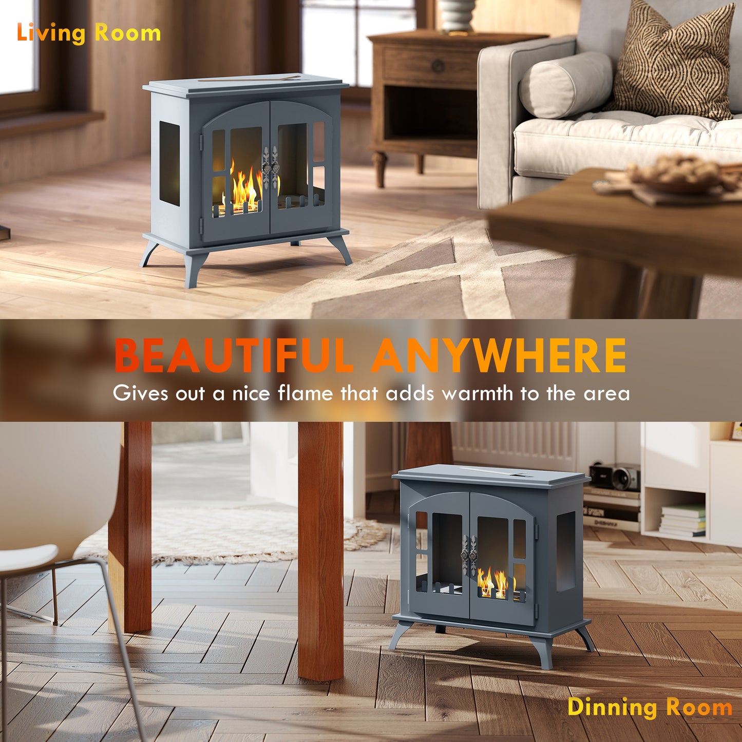 Ethanol Fireplace Stove Freestanding Bioethanol Fire, 0.9L Tank Grey