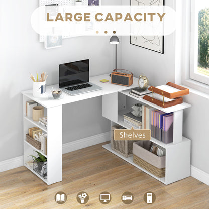 Corner Computer Desk with 360° Rotating Design and Bookshelf, White