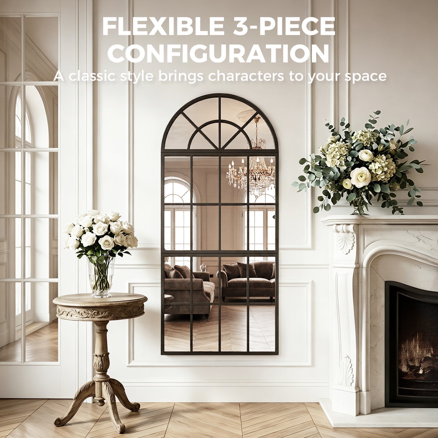 Large Arched Wall Mirror with 3-Piece and Tempered Glass
