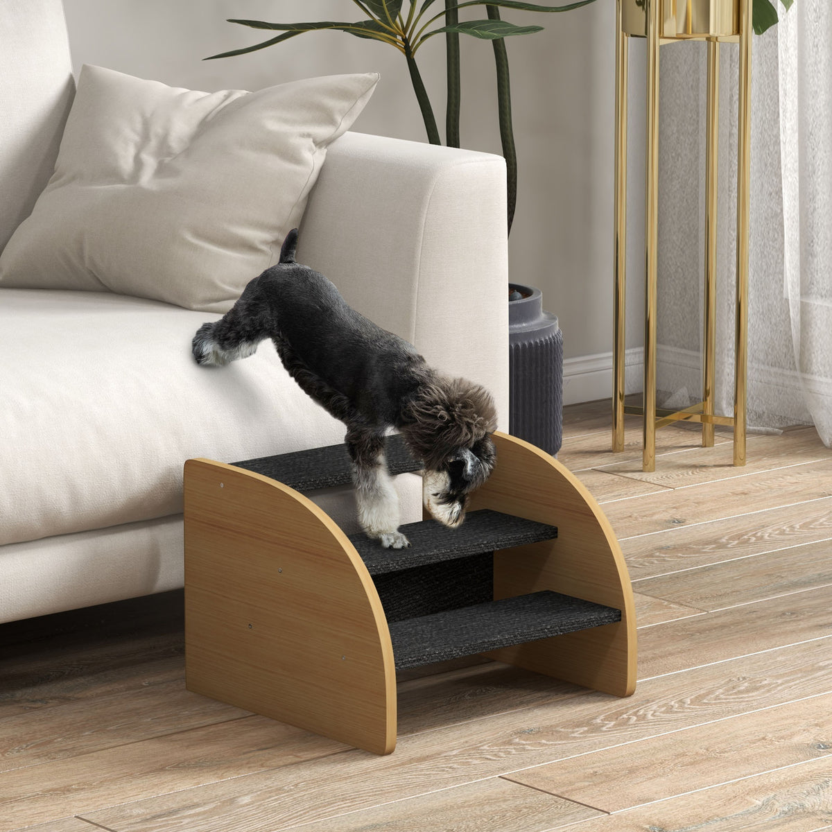 Dog Steps for Sofa and Bed, 3-Step Dog Stairs, Pet Stairs, Oak Finish