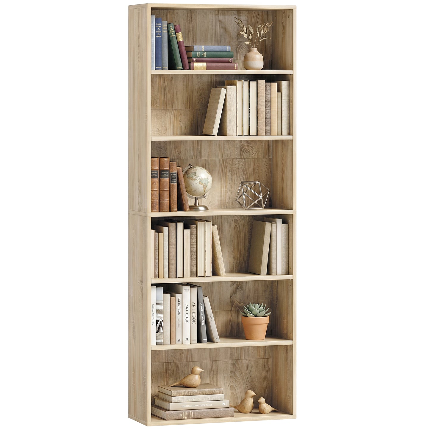6 Tier Bookcase, Freestanding Bookshelf with Adjustable Shelves, Oak
