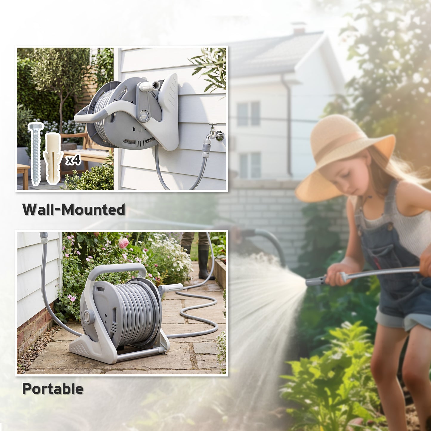 Portable Garden Hose Reel, 20+2 m Wall-Mounted Hose Reel, Grey