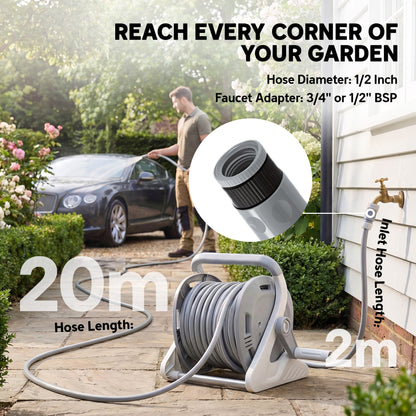 Portable Garden Hose Reel, 20+2 m Wall-Mounted Hose Reel, Grey