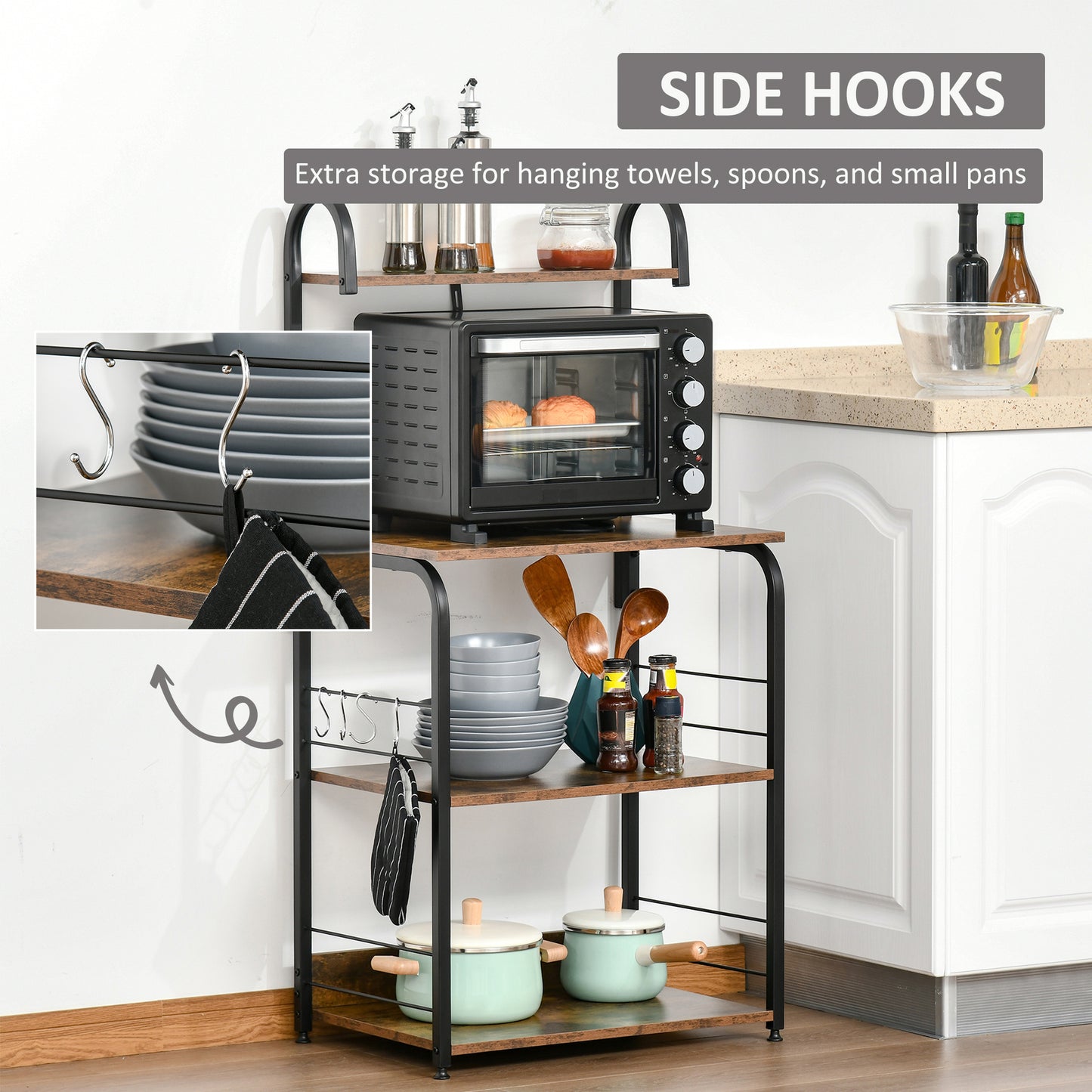 4-Tier Baker's Rack with Storage, Microwave Stand with 4 Hooks