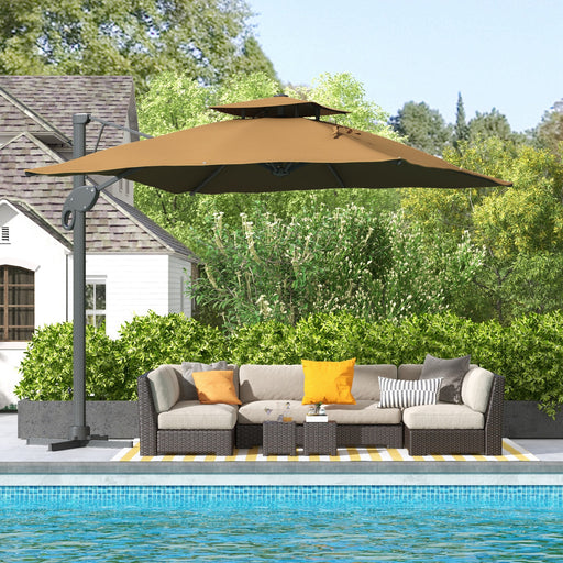 Garden Parasol, 3(m) Cantilever Parasol with Hydraulic Mechanism, Dual Vented Top, 8 Ribs, Cross Base, Khaki