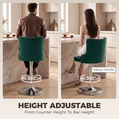 Bar Stools Set of 2, Swivel Velvet Barstools with Footrest, Green