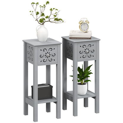 Bedside Table Set, End Table Set with Drawer and Storage Shelf, Grey