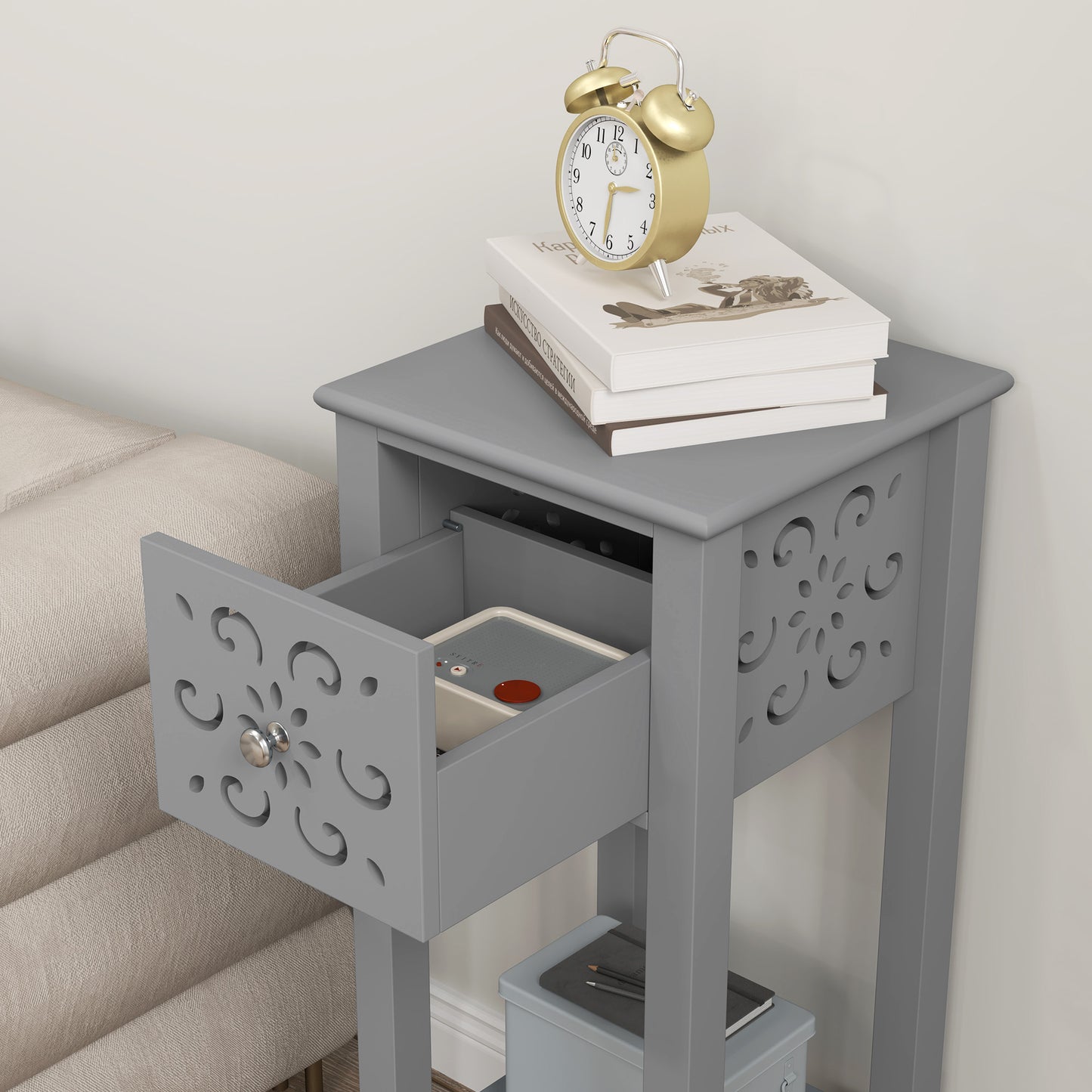 Bedside Table Set, End Table Set with Drawer and Storage Shelf, Grey