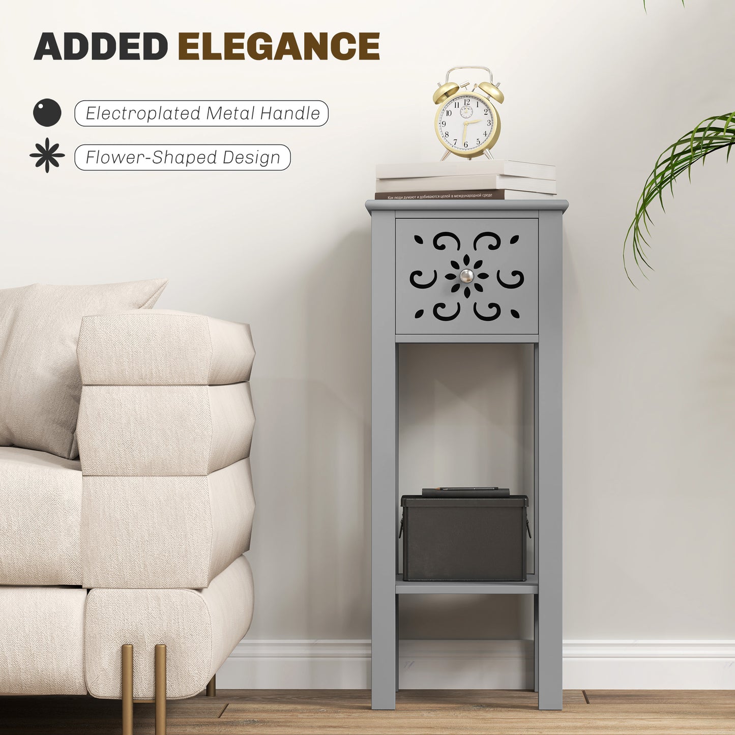 Bedside Table Set, End Table Set with Drawer and Storage Shelf, Grey