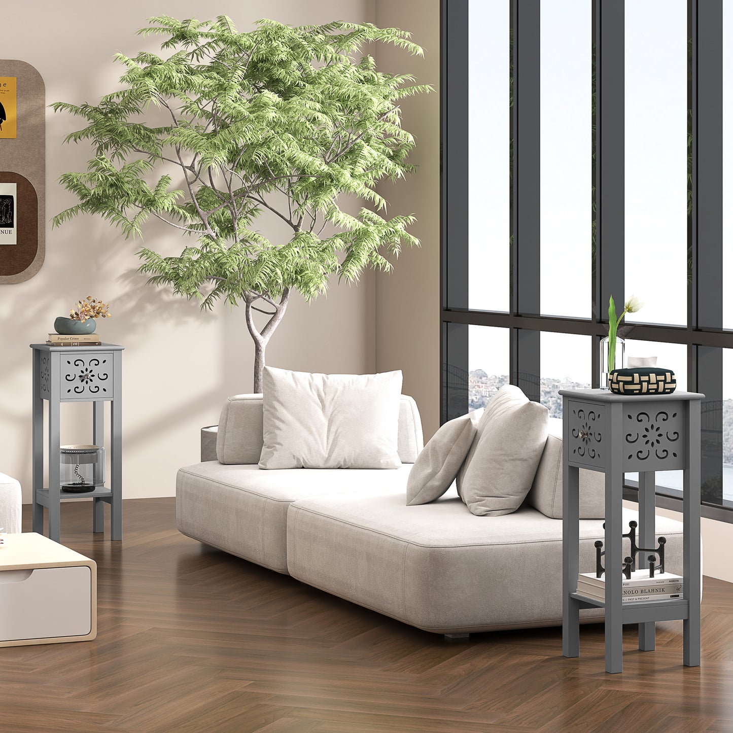 Bedside Table Set, End Table Set with Drawer and Storage Shelf, Grey