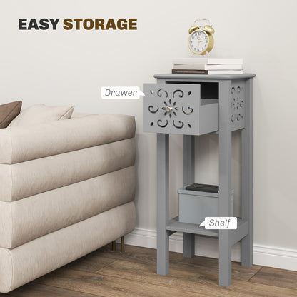 Bedside Table Set, End Table Set with Drawer and Storage Shelf, Grey