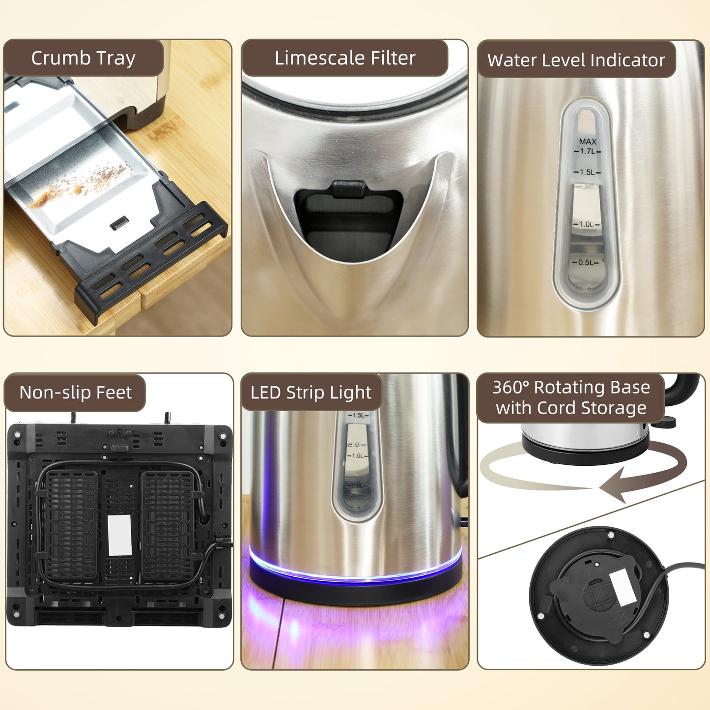 4 Slice Wide Slot Toaster and 1.7L Rapid Boil Kettle Set, Silver Tone