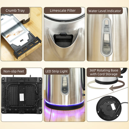 4 Slice Wide Slot Toaster and 1.7L Rapid Boil Kettle Set, Silver Tone