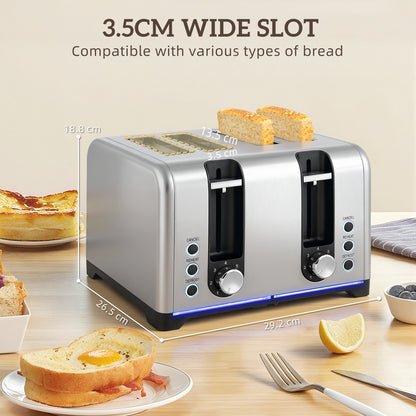4 Slice Wide Slot Toaster and 1.7L Rapid Boil Kettle Set, Silver Tone