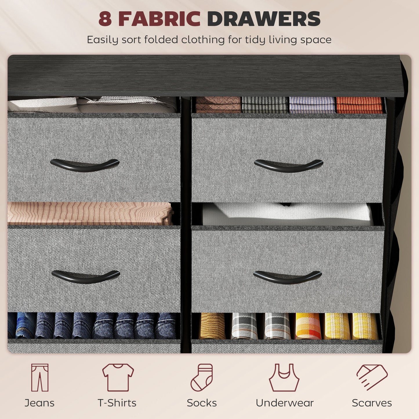 Fabric Chest of Drawers, 8 Drawer Dresser for Bedroom, Charcoal Grey