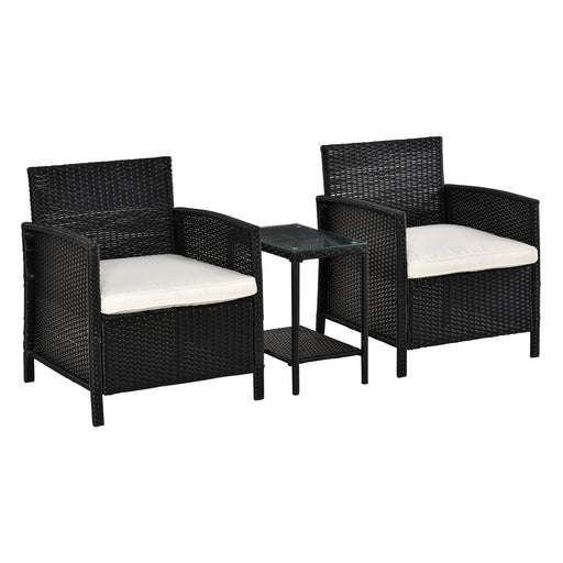 Rattan Garden Furniture Outdoor 3 Pieces Patio Bistro Set Jack and Jill Seat Wicker Weave Conservatory Sofa Chair Table Set w/Cushion Black