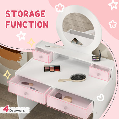 Kids Dressing Table Set w/ Stool, Mirror, Drawers - White