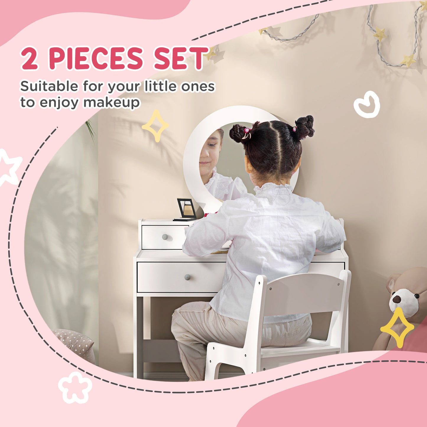 Kids Dressing Table Set w/ Stool, Mirror, Drawers - White