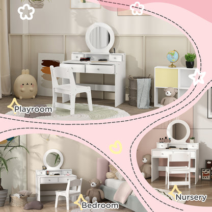 Kids Dressing Table Set w/ Stool, Mirror, Drawers - White