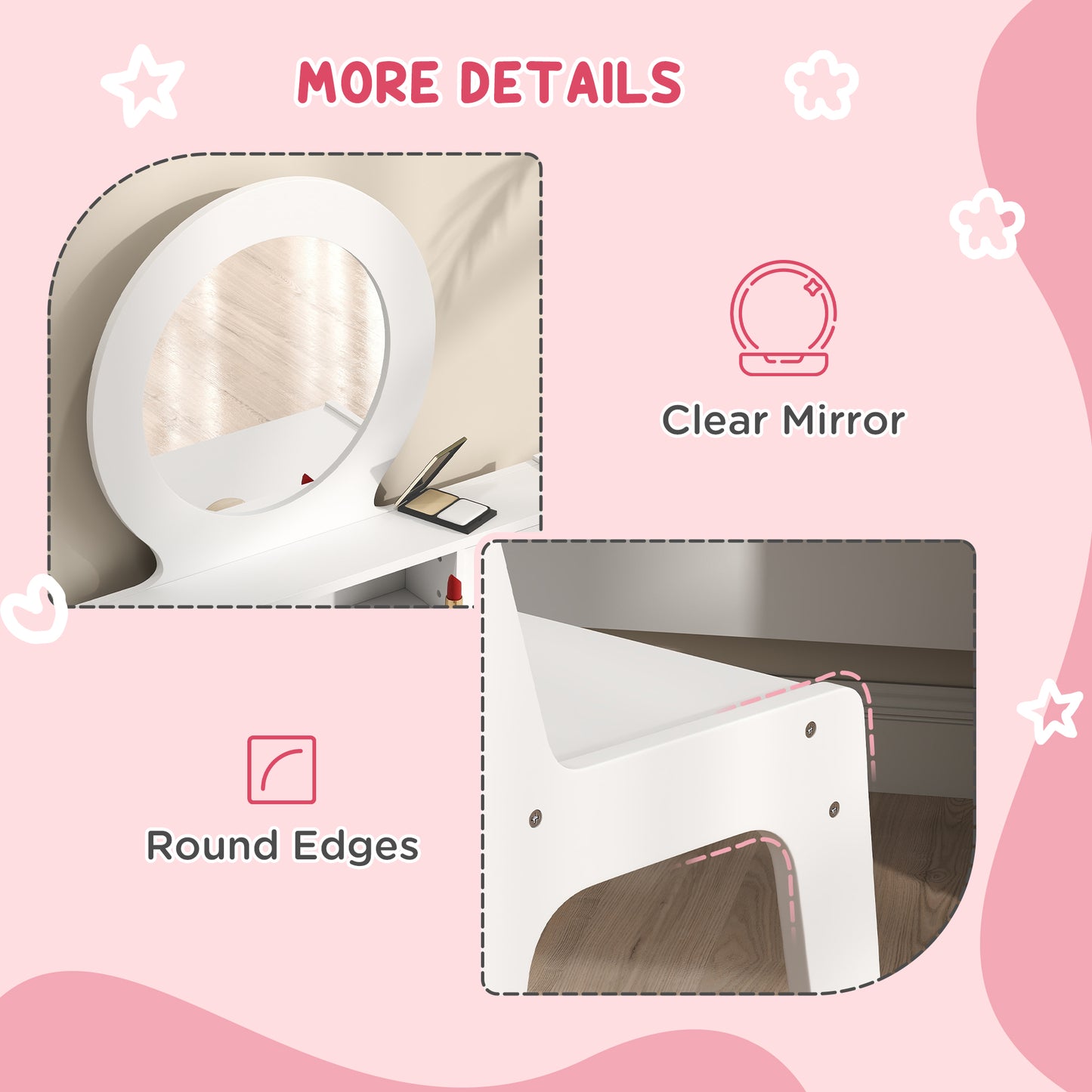 Kids Dressing Table Set w/ Stool, Mirror, Drawers - White