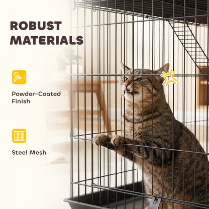 3-Tier Large Cat Cage Indoor, Detachable Metal Wire Kennel with Hammock, Platforms, Bottom Tray and Cushions, Large Exercise Place with Ladders and 3 Front Doors for 1-2 Kittens, Black