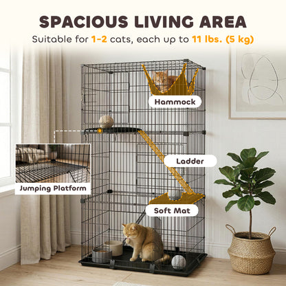 3-Tier Large Cat Cage Indoor, Detachable Metal Wire Kennel with Hammock, Platforms, Bottom Tray and Cushions, Large Exercise Place with Ladders and 3 Front Doors for 1-2 Kittens, Black