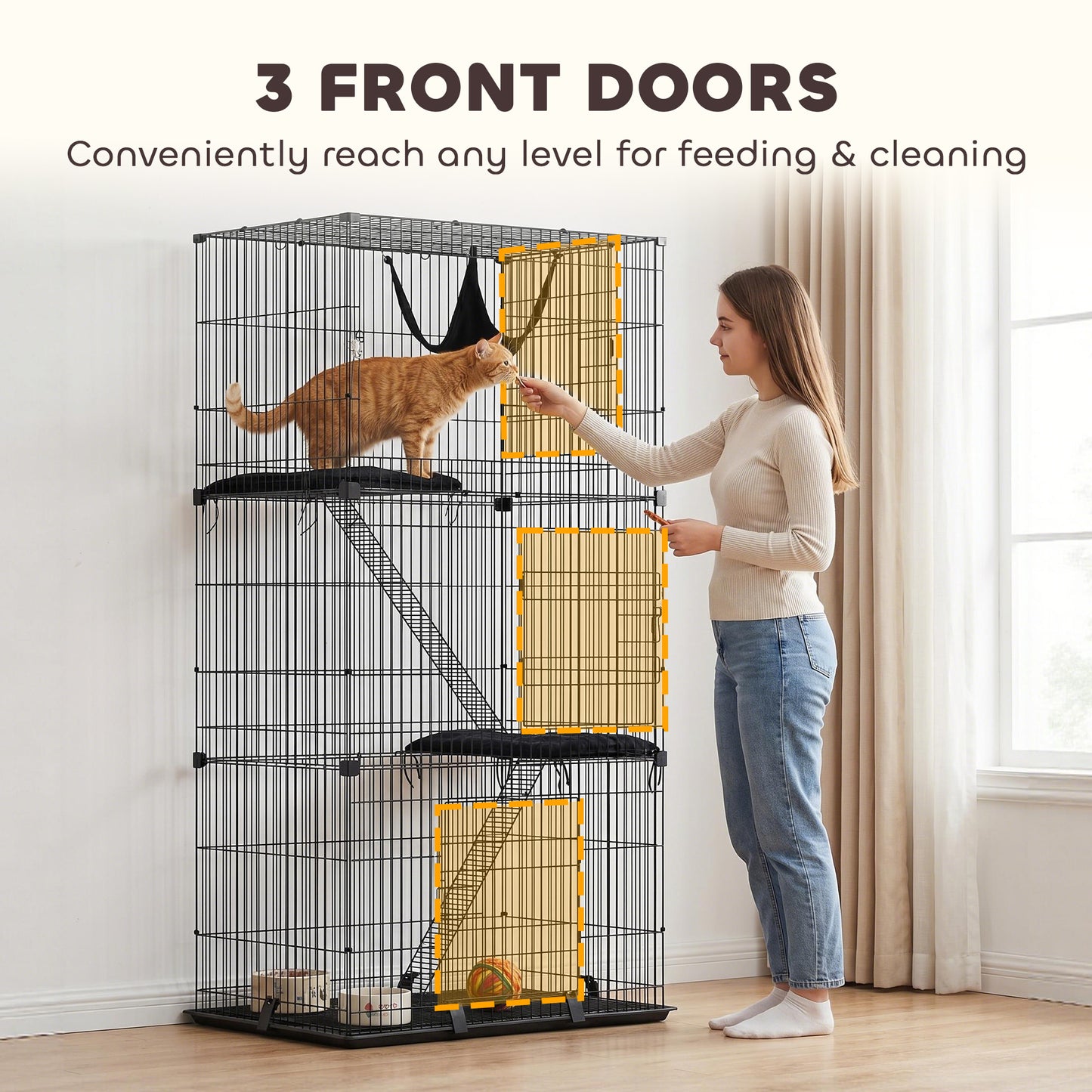 3-Tier Large Cat Cage Indoor, Detachable Metal Wire Kennel with Hammock, Platforms, Bottom Tray and Cushions, Large Exercise Place with Ladders and 3 Front Doors for 1-2 Kittens, Black