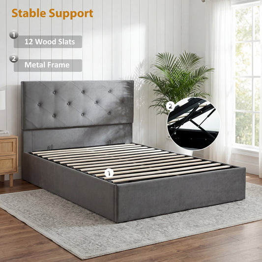 King Size Bed Frame Gas Side Lift Under Bed Storage Dark Grey