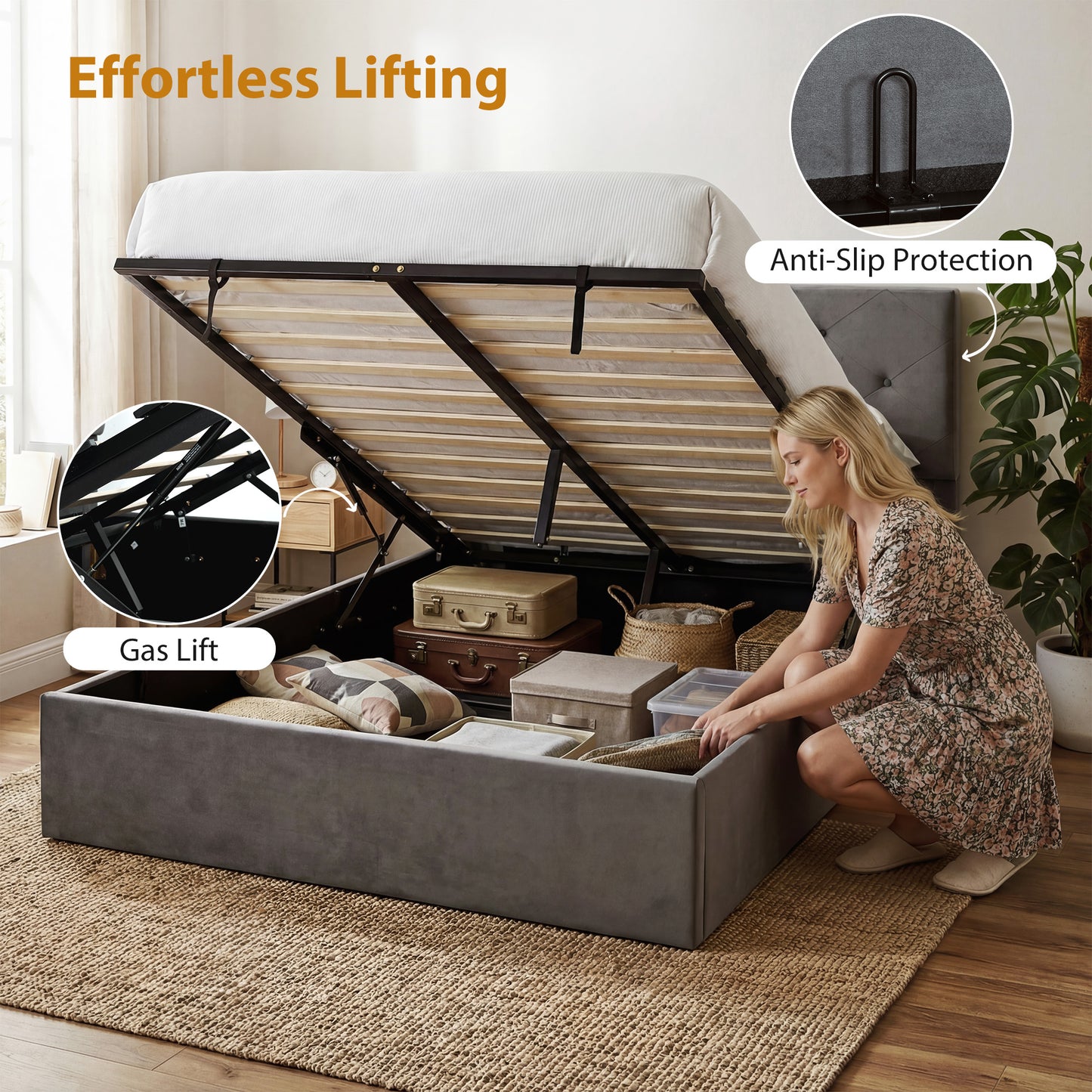 King Size Bed Frame Gas Side Lift Under Bed Storage Dark Grey