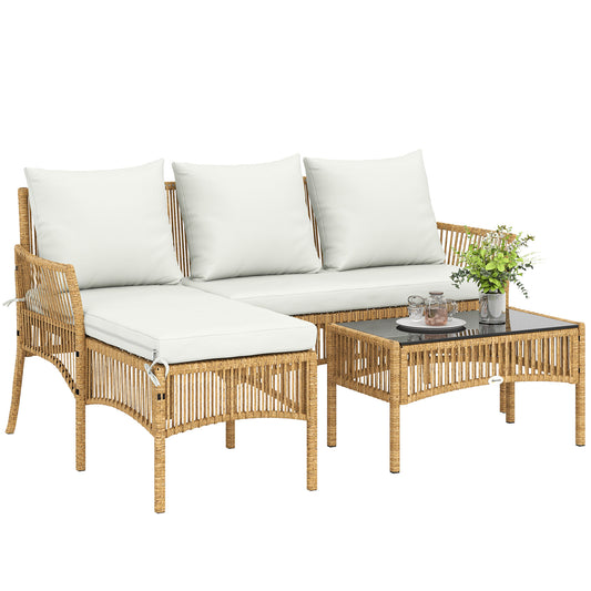 3 Piece Rattan Garden Furniture Set with Cushions, Natural Wood