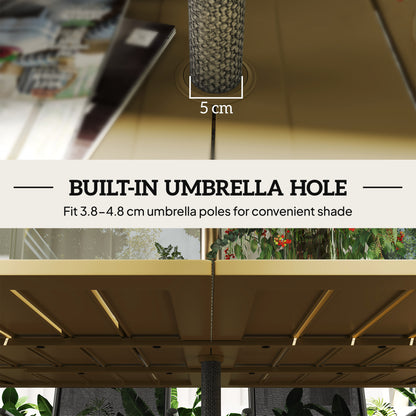 Garden Table with Parasol Hole, Slatted Metal Tabletop, Brown