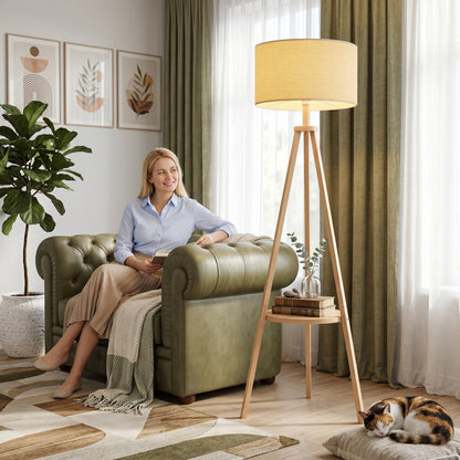 Bedside Light with Storage Shelf and Linen Shade, Natural