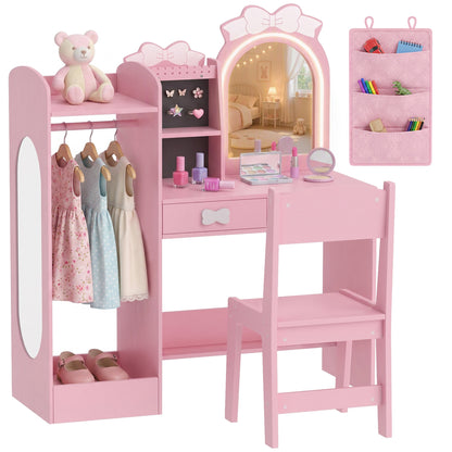Kids Dressing Table with Stool, 2-Colour Lights Mirror, Pink