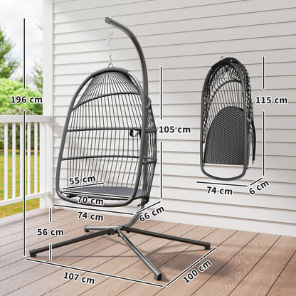 Rattan Hanging Egg Chair with Stand, Cushion, Dark Grey