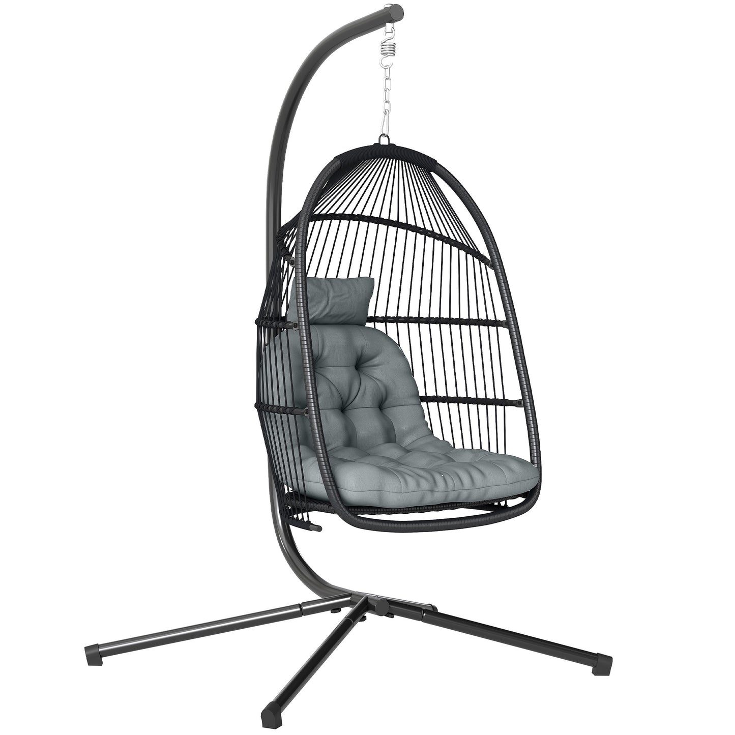 Rattan Hanging Egg Chair with Stand, Cushion, Dark Grey