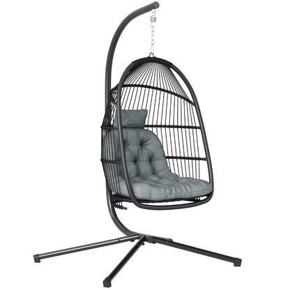 Rattan Hanging Egg Chair with Stand, Cushion, Dark Grey