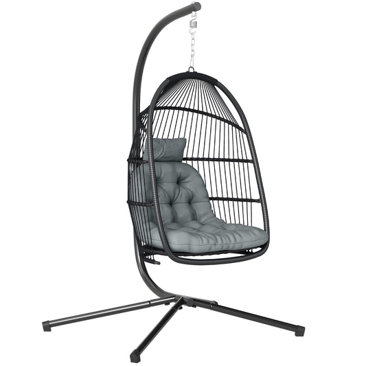 Rattan Hanging Egg Chair with Stand, Cushion, Dark Grey