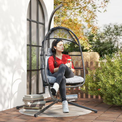 Rattan Hanging Egg Chair with Stand, Cushion, Dark Grey