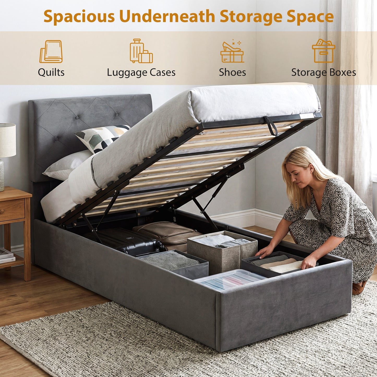 Single Bed Frame Gas Side Lift Under Bed Storage Dark Grey