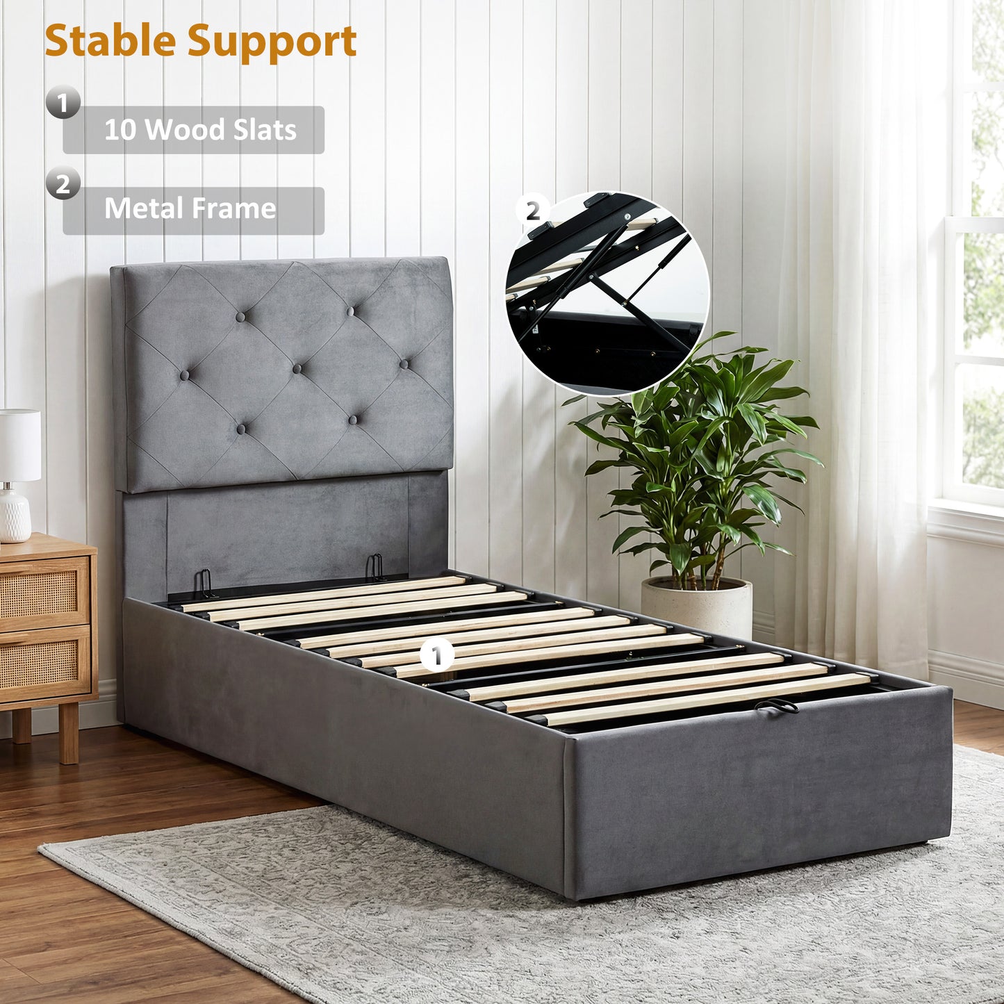 Single Bed Frame Gas Side Lift Under Bed Storage Dark Grey