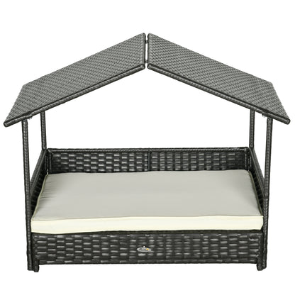 Extendable Elevated Dog Bed, Rattan Dog House, with Water-Resistant Roof, Removable Cushion, for Small, Medium Dogs